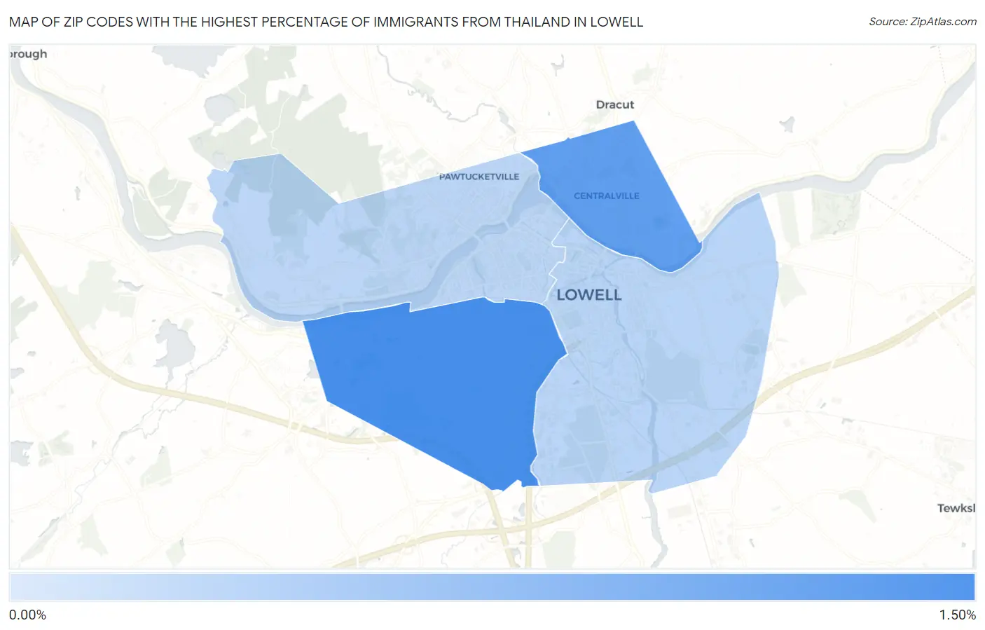 Zip Codes with the Highest Percentage of Immigrants from Thailand in Lowell Map