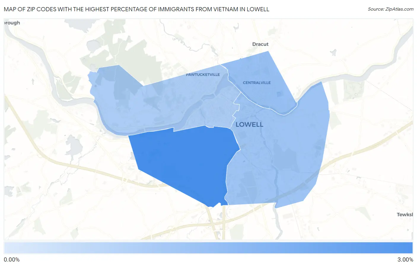 Zip Codes with the Highest Percentage of Immigrants from Vietnam in Lowell Map