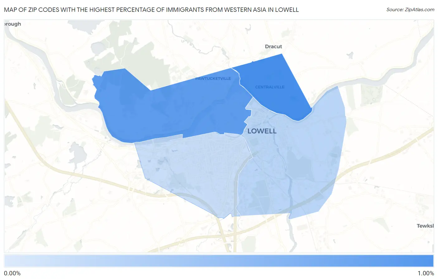 Zip Codes with the Highest Percentage of Immigrants from Western Asia in Lowell Map