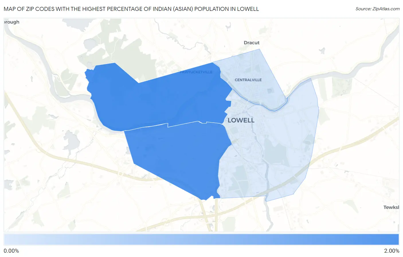 Zip Codes with the Highest Percentage of Indian (Asian) Population in Lowell Map
