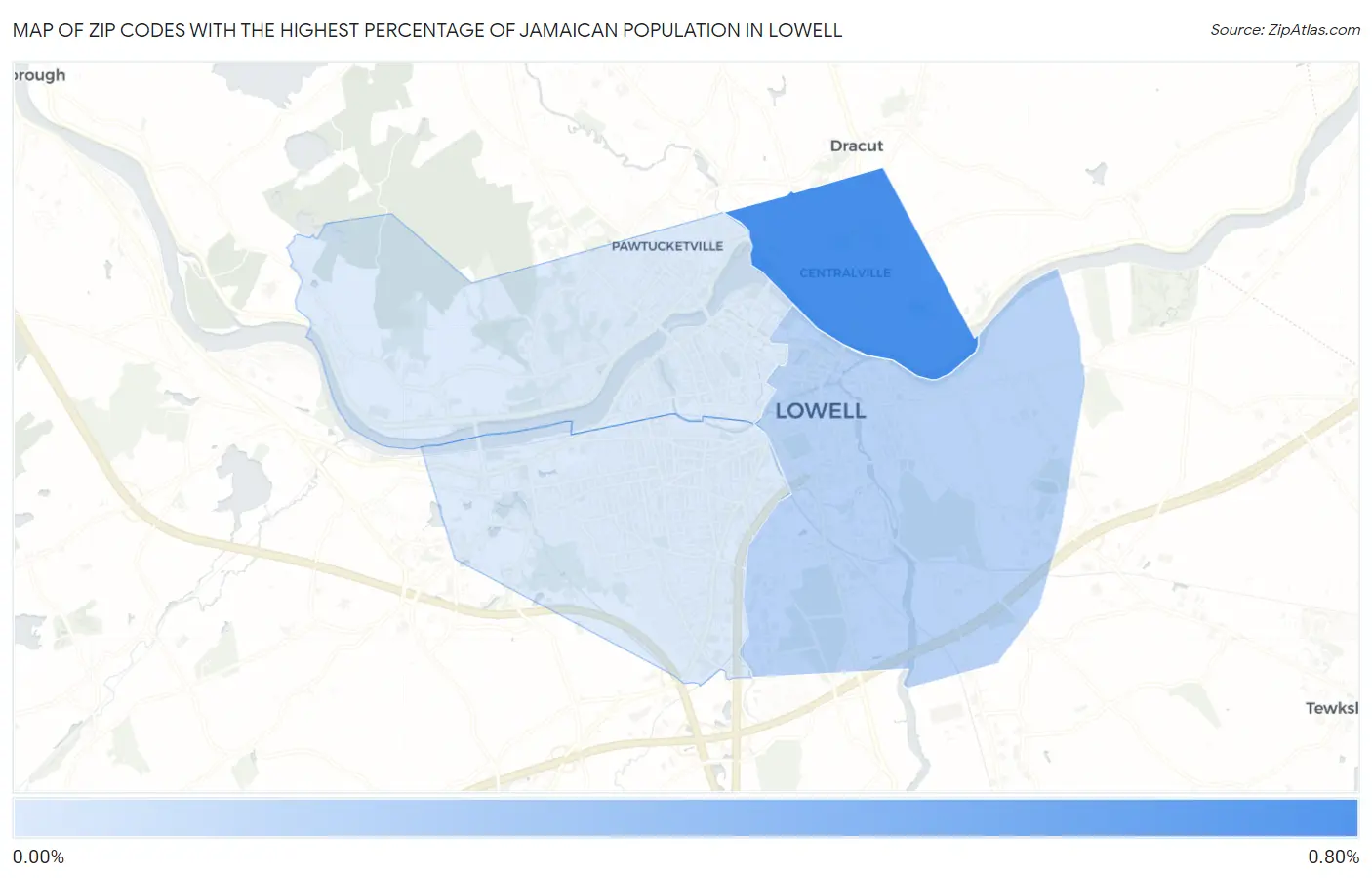 Zip Codes with the Highest Percentage of Jamaican Population in Lowell Map