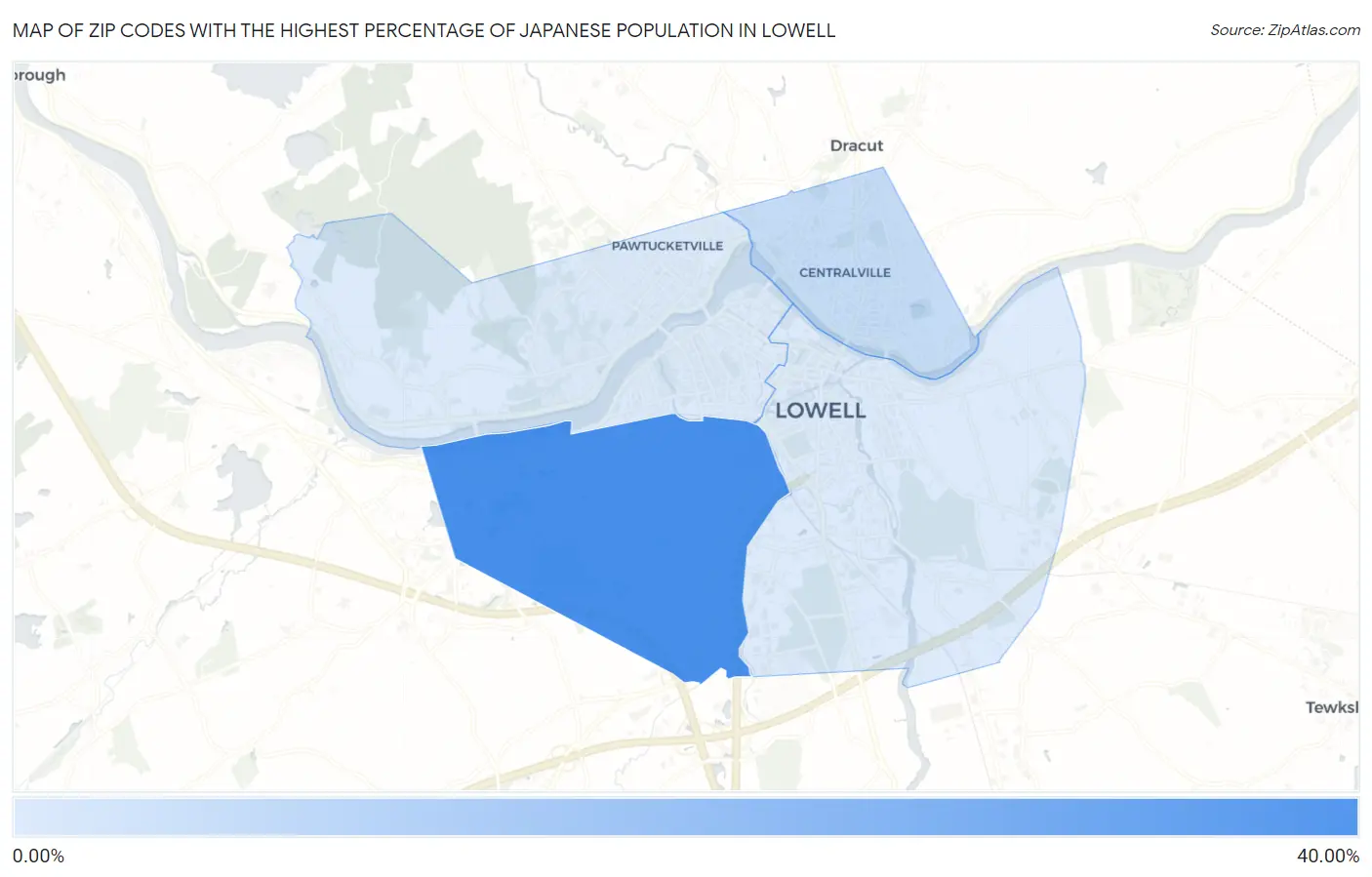 Zip Codes with the Highest Percentage of Japanese Population in Lowell Map