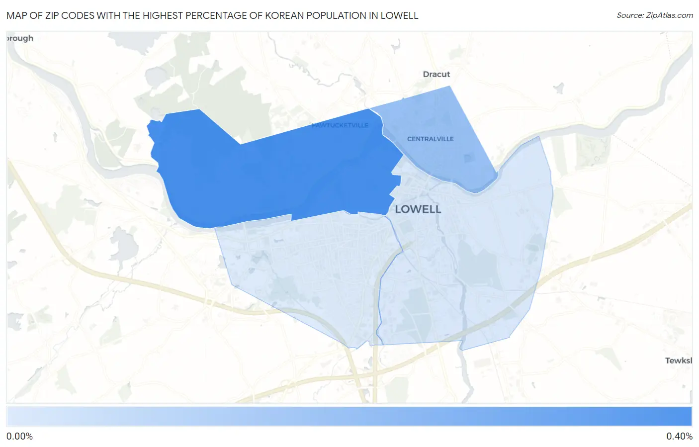 Zip Codes with the Highest Percentage of Korean Population in Lowell Map