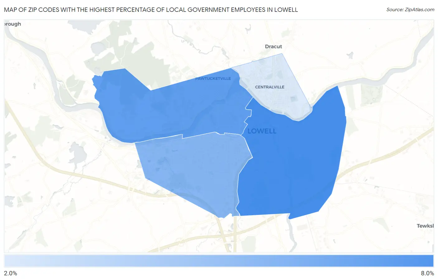 Zip Codes with the Highest Percentage of Local Government Employees in Lowell Map