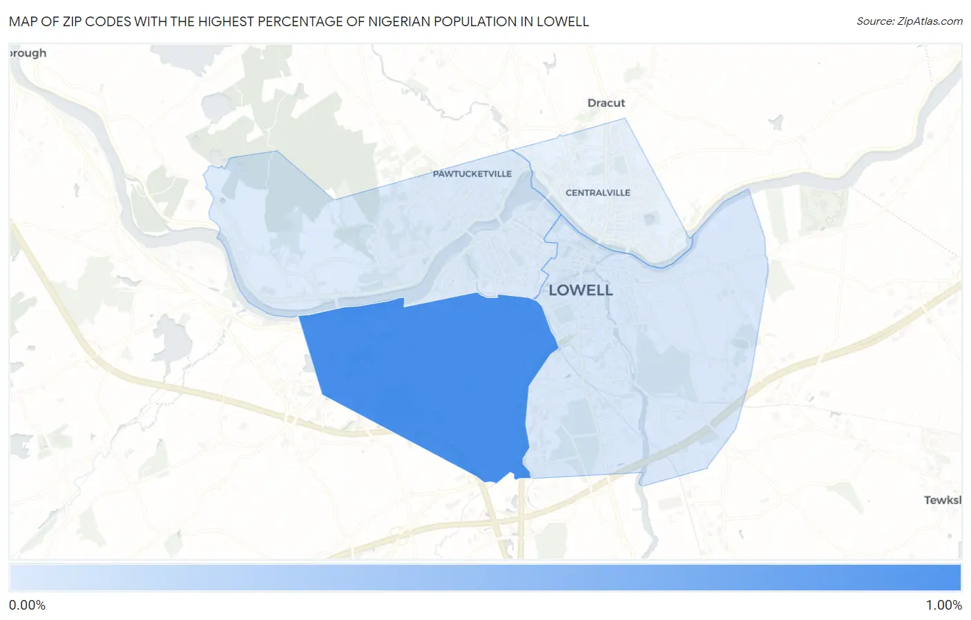 Zip Codes with the Highest Percentage of Nigerian Population in Lowell Map