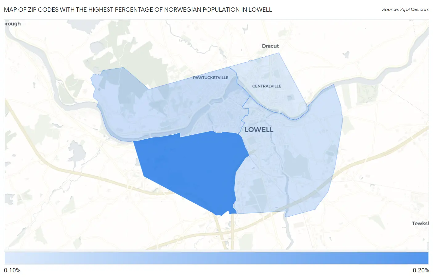Zip Codes with the Highest Percentage of Norwegian Population in Lowell Map