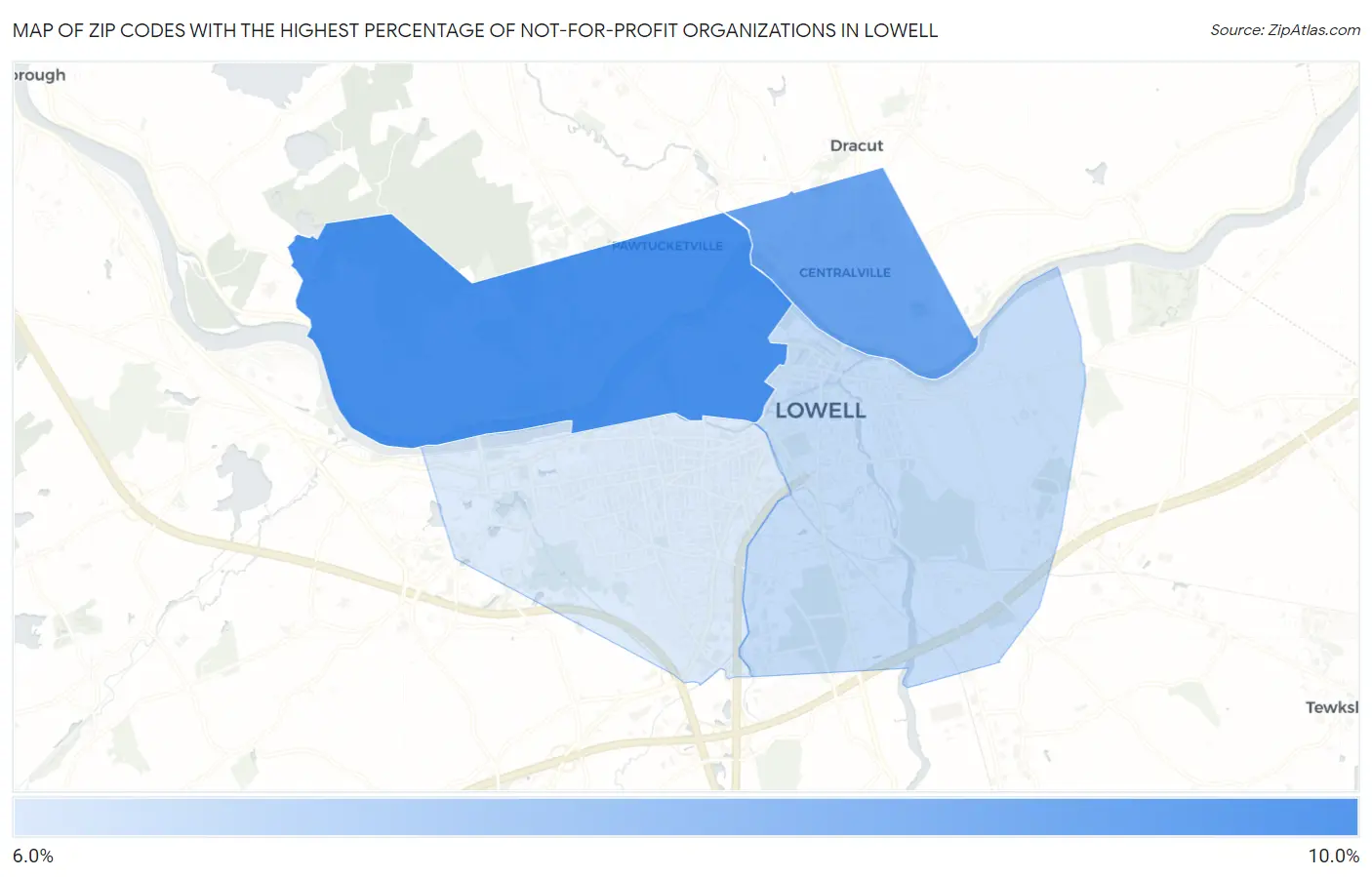 Zip Codes with the Highest Percentage of Not-for-profit Organizations in Lowell Map
