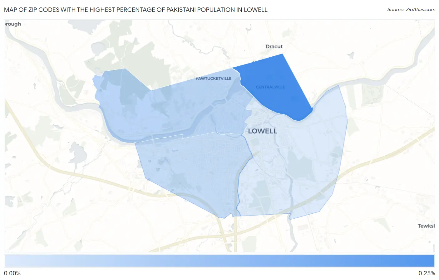Zip Codes with the Highest Percentage of Pakistani Population in Lowell Map