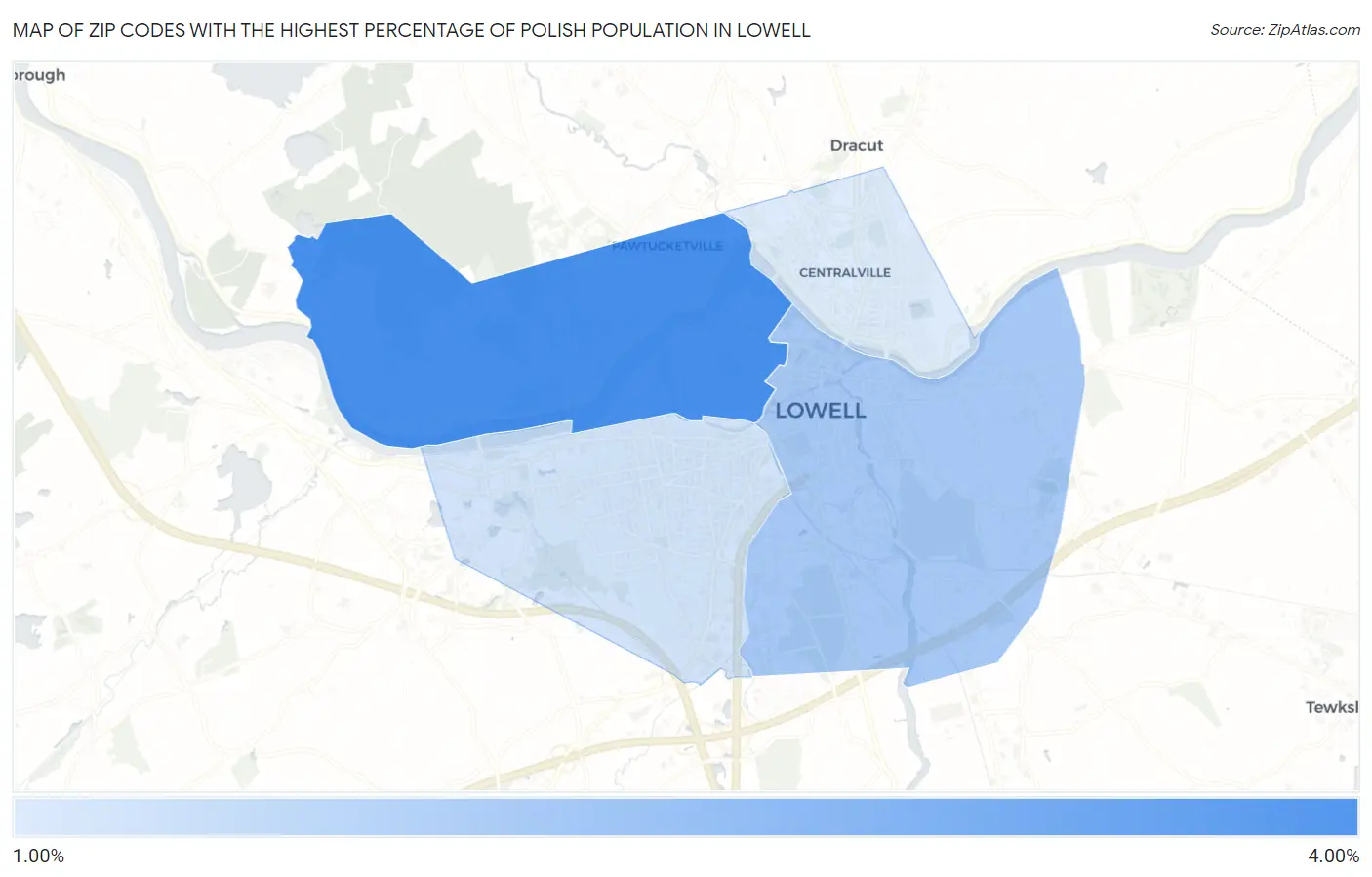 Zip Codes with the Highest Percentage of Polish Population in Lowell Map