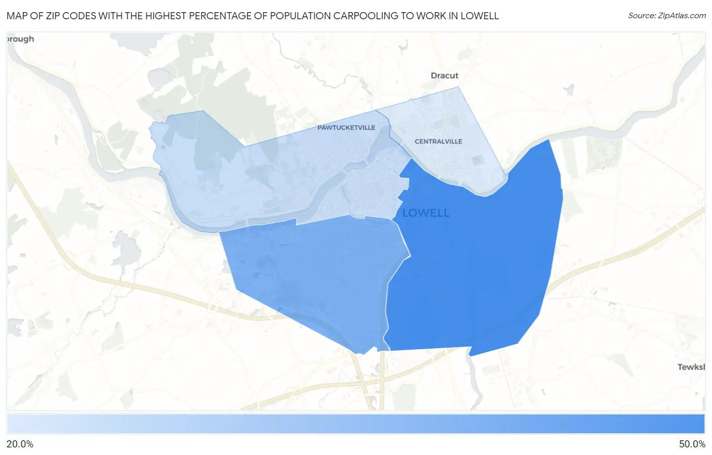 Zip Codes with the Highest Percentage of Population Carpooling to Work in Lowell Map