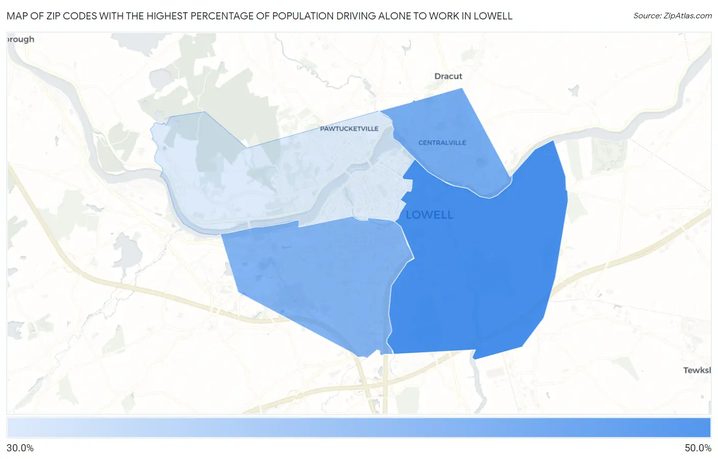 Zip Codes with the Highest Percentage of Population Driving Alone to Work in Lowell Map