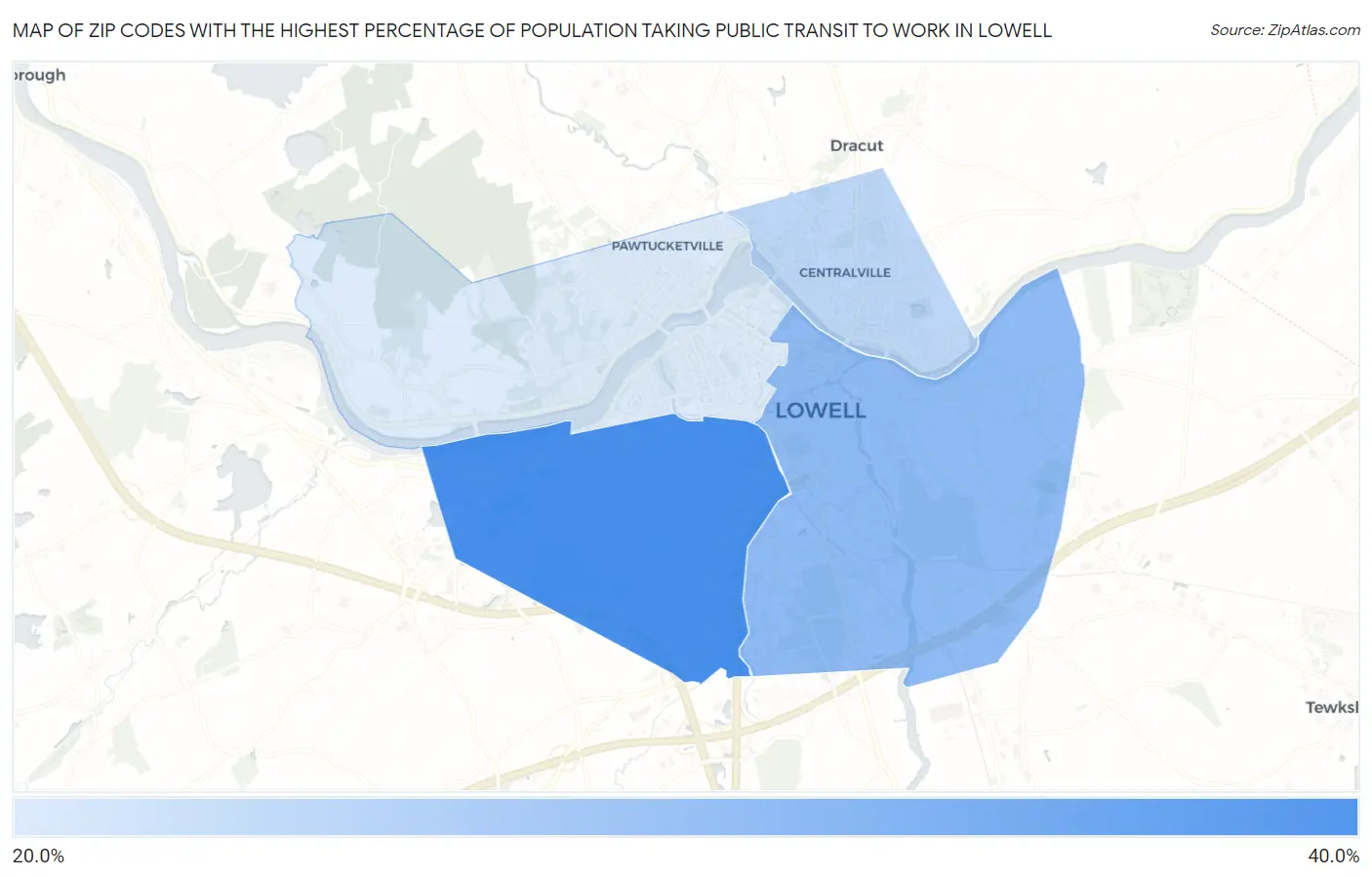 Zip Codes with the Highest Percentage of Population Taking Public Transit to Work in Lowell Map