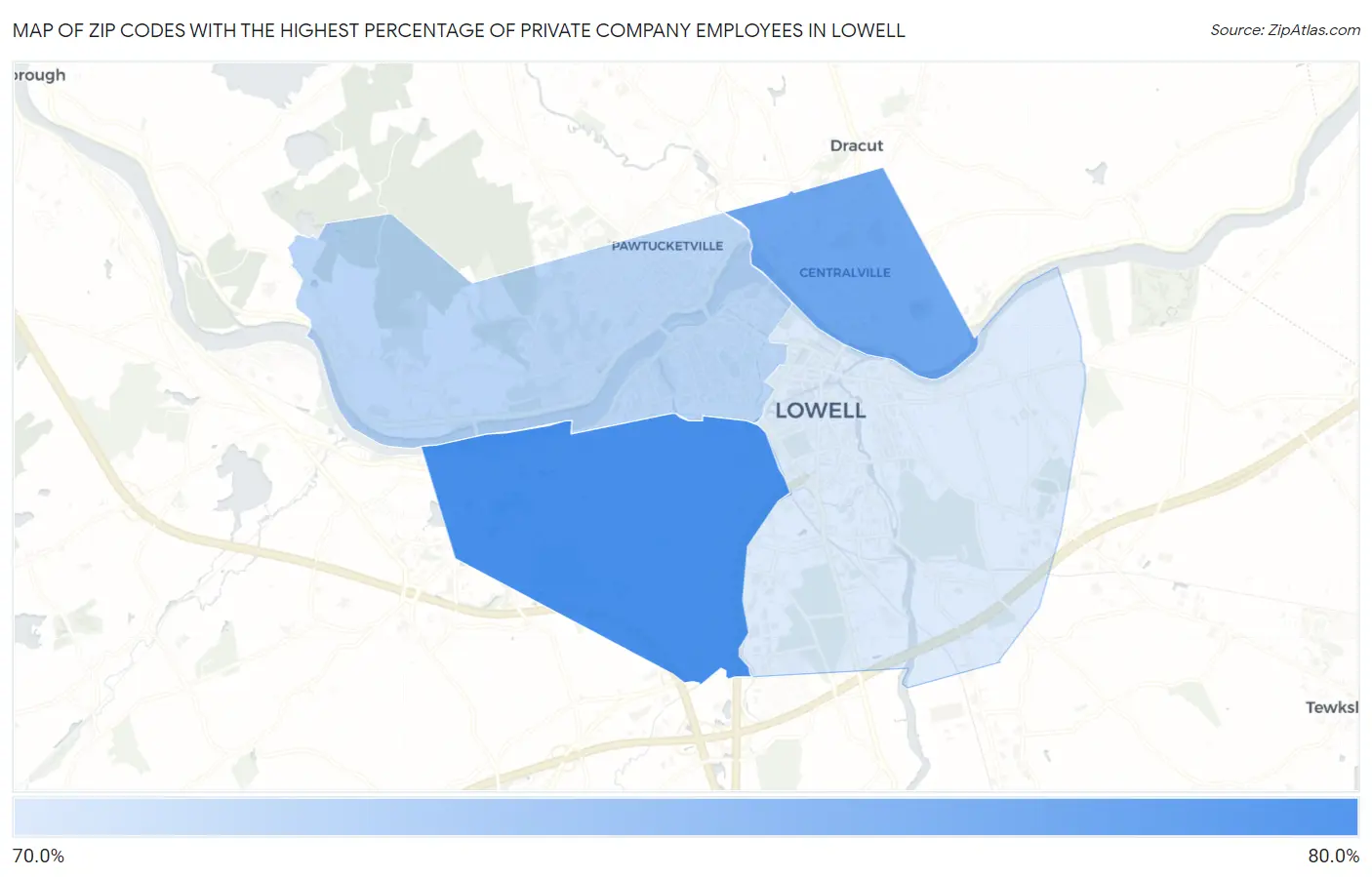 Zip Codes with the Highest Percentage of Private Company Employees in Lowell Map