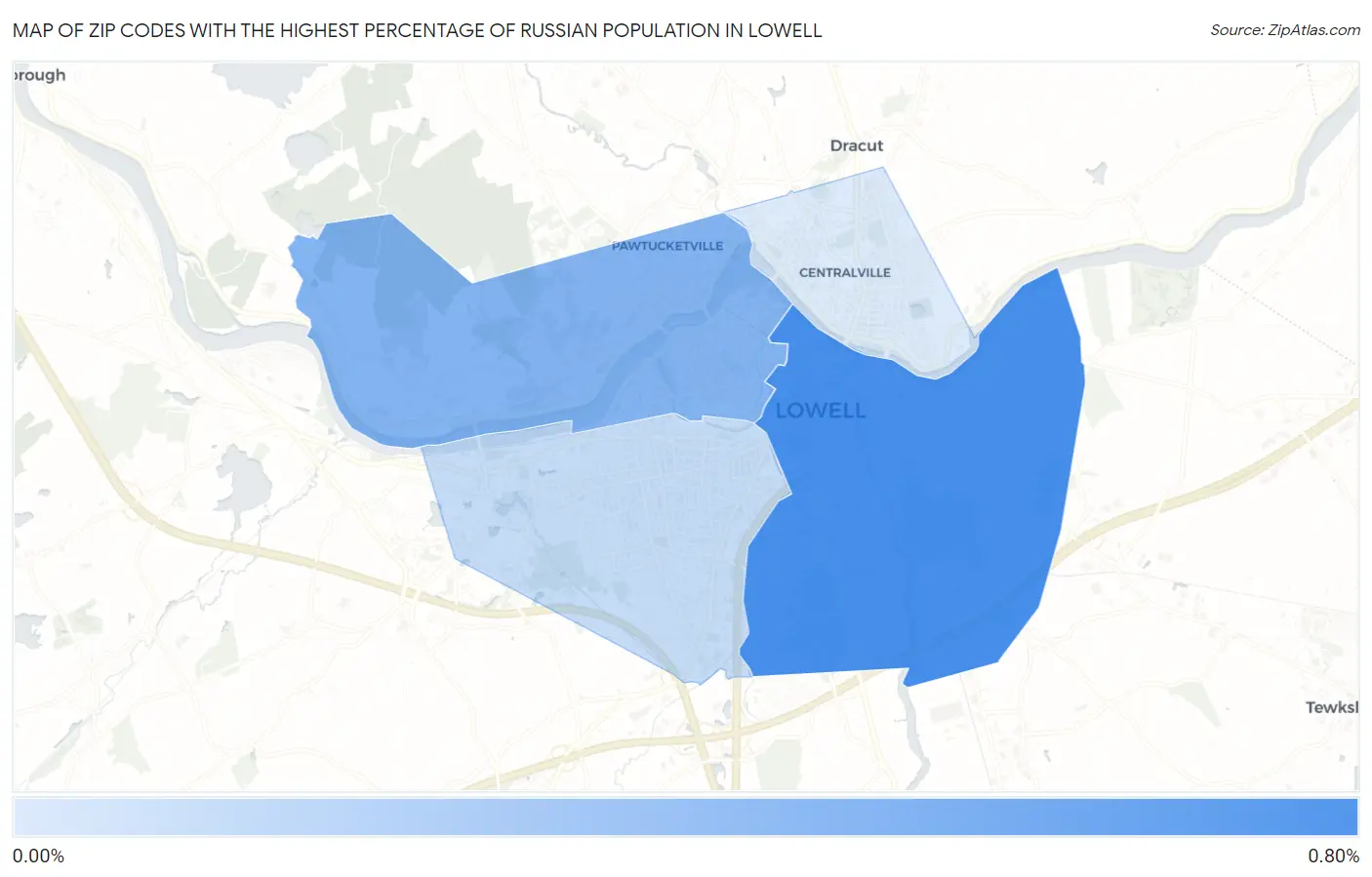 Zip Codes with the Highest Percentage of Russian Population in Lowell Map