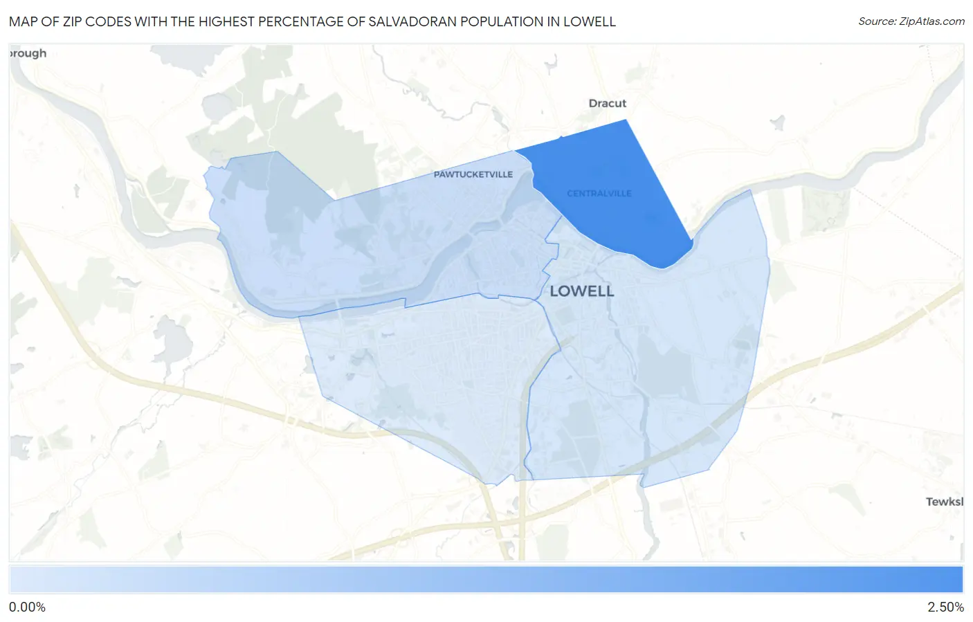 Zip Codes with the Highest Percentage of Salvadoran Population in Lowell Map