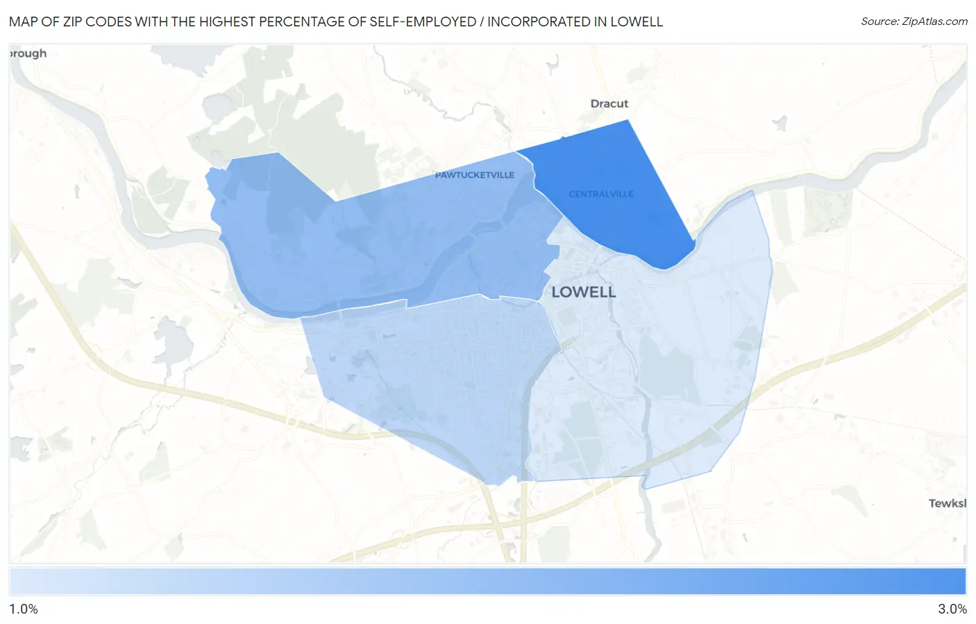Zip Codes with the Highest Percentage of Self-Employed / Incorporated in Lowell Map