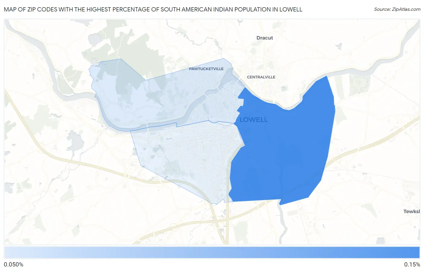 Zip Codes with the Highest Percentage of South American Indian Population in Lowell Map