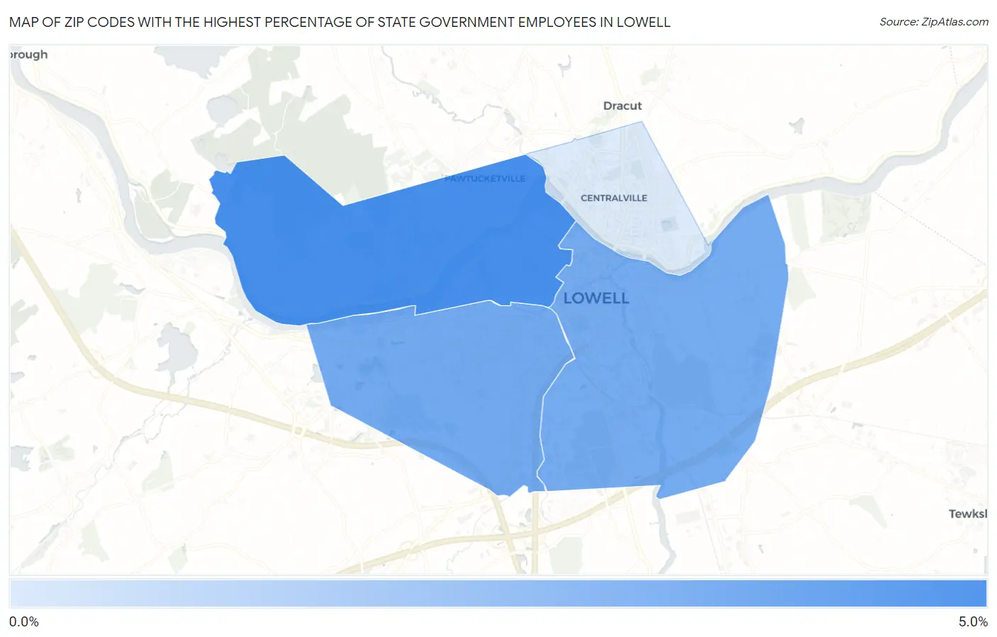 Zip Codes with the Highest Percentage of State Government Employees in Lowell Map