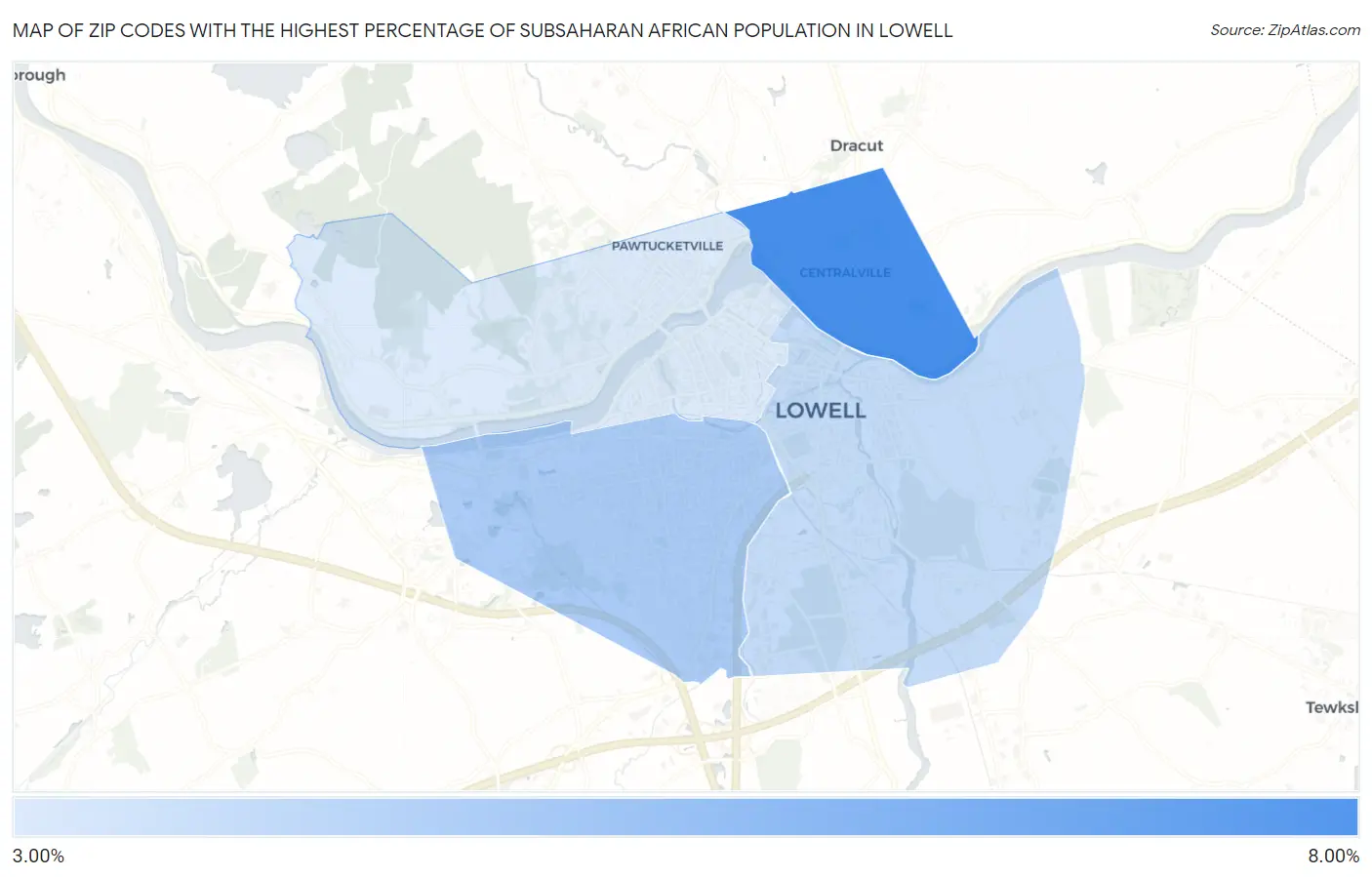 Zip Codes with the Highest Percentage of Subsaharan African Population in Lowell Map