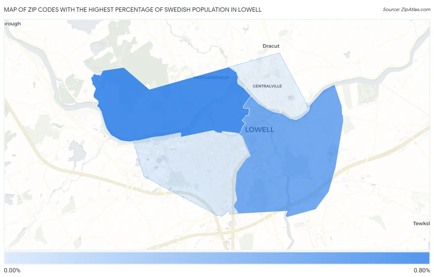 Zip Codes with the Highest Percentage of Swedish Population in Lowell Map