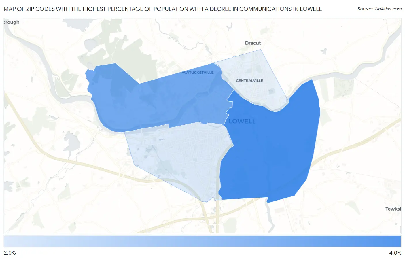 Zip Codes with the Highest Percentage of Population with a Degree in Communications in Lowell Map