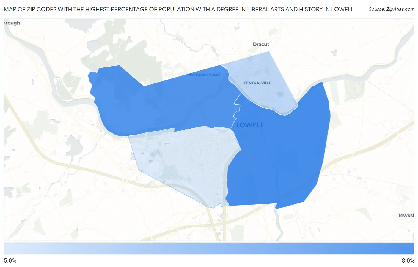 Zip Codes with the Highest Percentage of Population with a Degree in Liberal Arts and History in Lowell Map