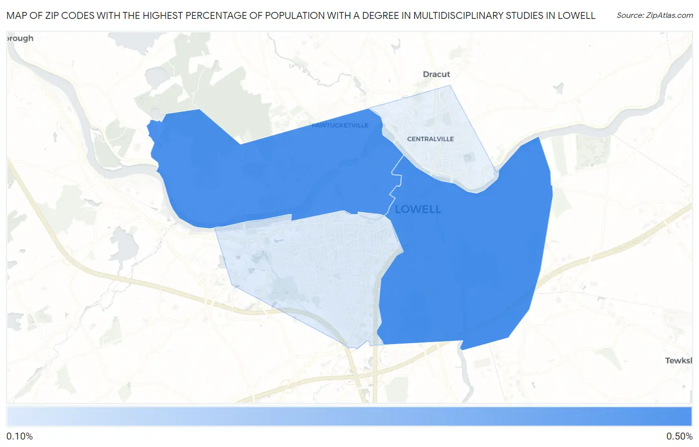 Zip Codes with the Highest Percentage of Population with a Degree in Multidisciplinary Studies in Lowell Map