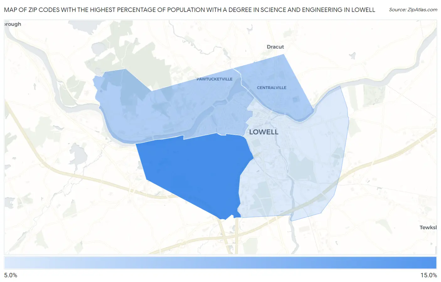 Zip Codes with the Highest Percentage of Population with a Degree in Science and Engineering in Lowell Map