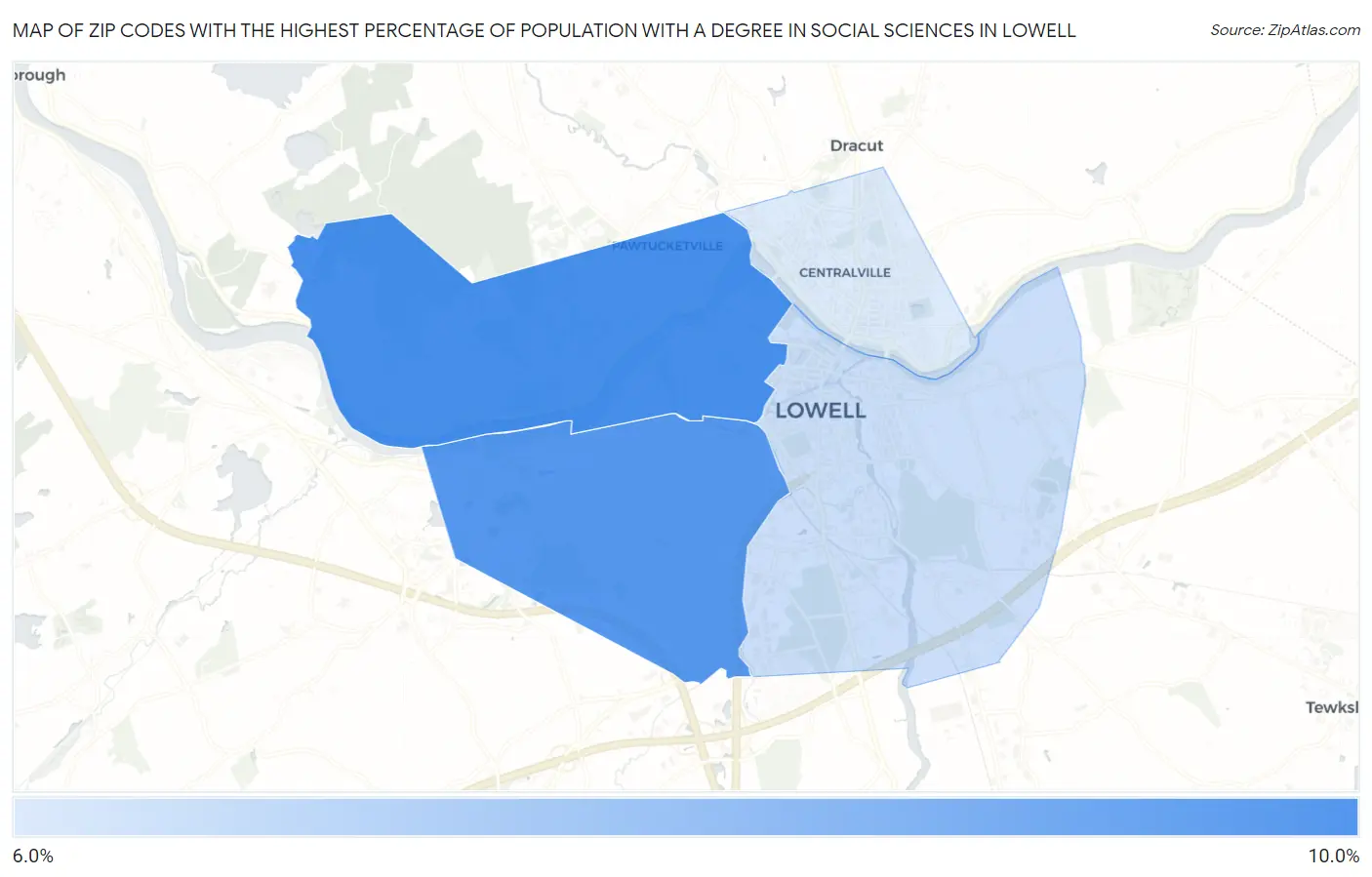 Zip Codes with the Highest Percentage of Population with a Degree in Social Sciences in Lowell Map