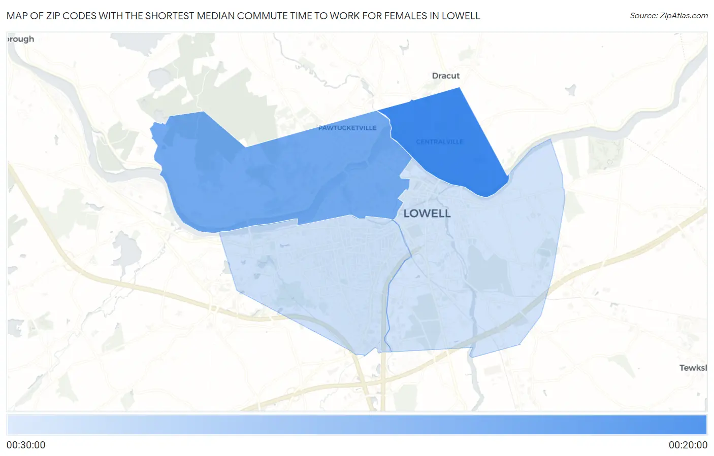 Zip Codes with the Shortest Median Commute Time to Work for Females in Lowell Map
