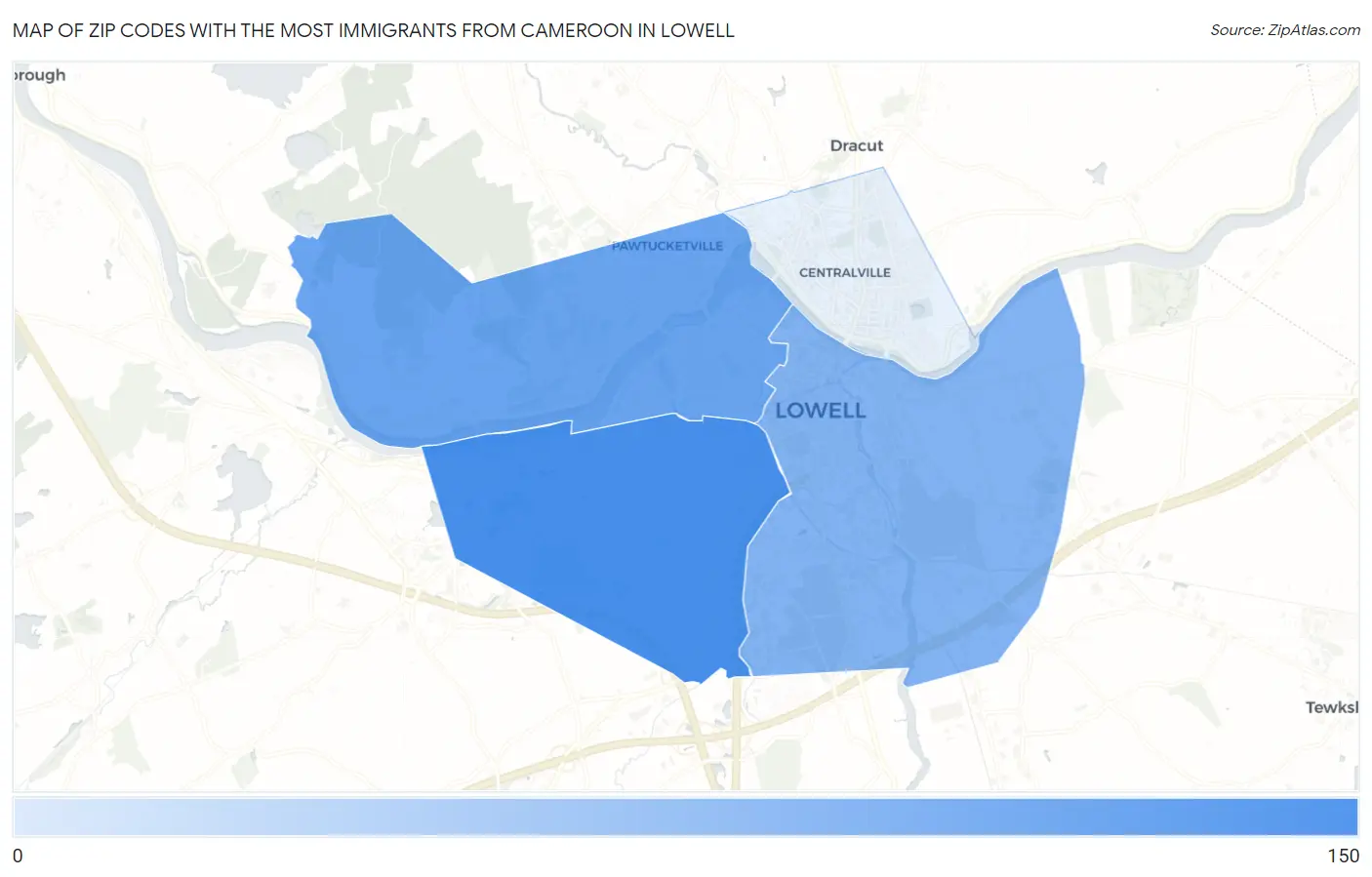 Zip Codes with the Most Immigrants from Cameroon in Lowell Map