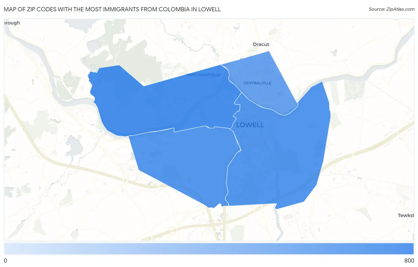 Zip Codes with the Most Immigrants from Colombia in Lowell Map