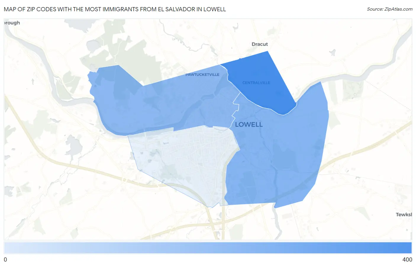 Zip Codes with the Most Immigrants from El Salvador in Lowell Map