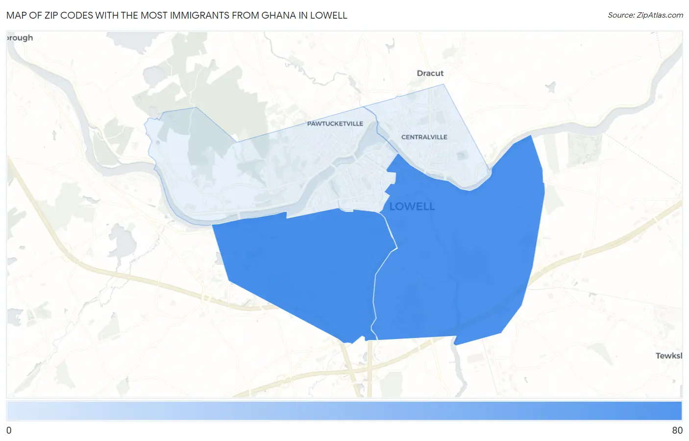 Zip Codes with the Most Immigrants from Ghana in Lowell Map