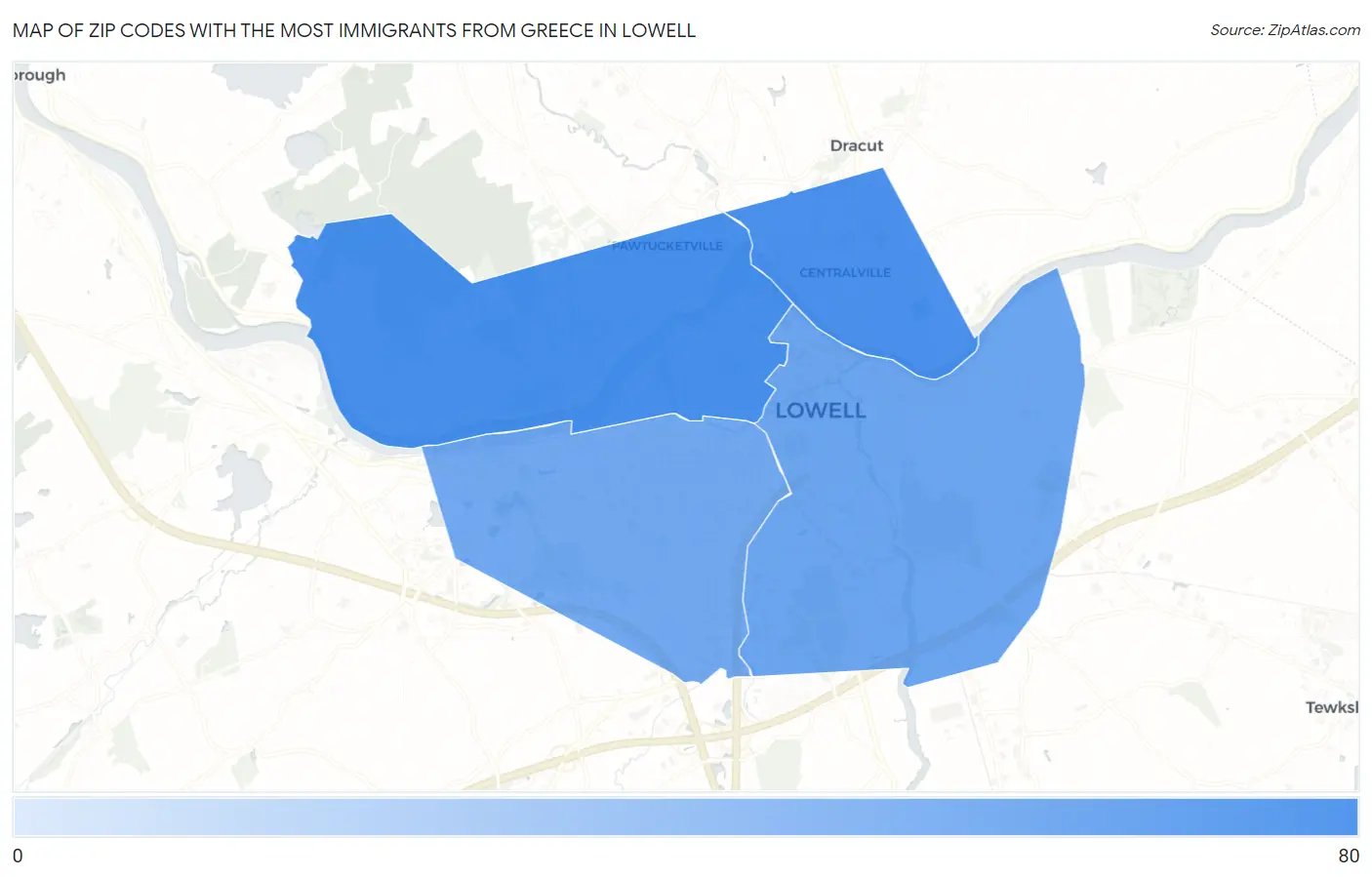 Zip Codes with the Most Immigrants from Greece in Lowell Map