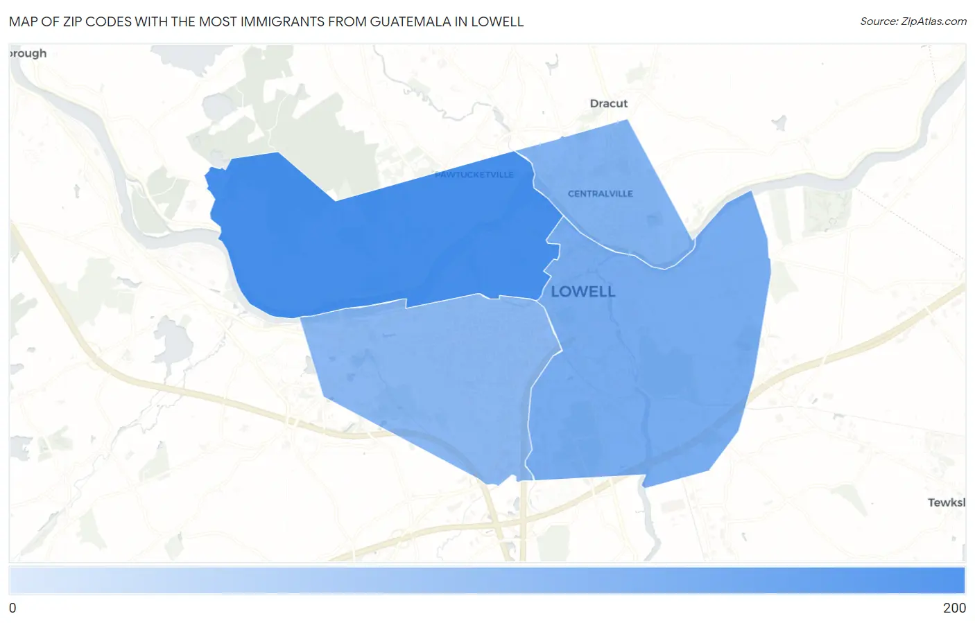 Zip Codes with the Most Immigrants from Guatemala in Lowell Map