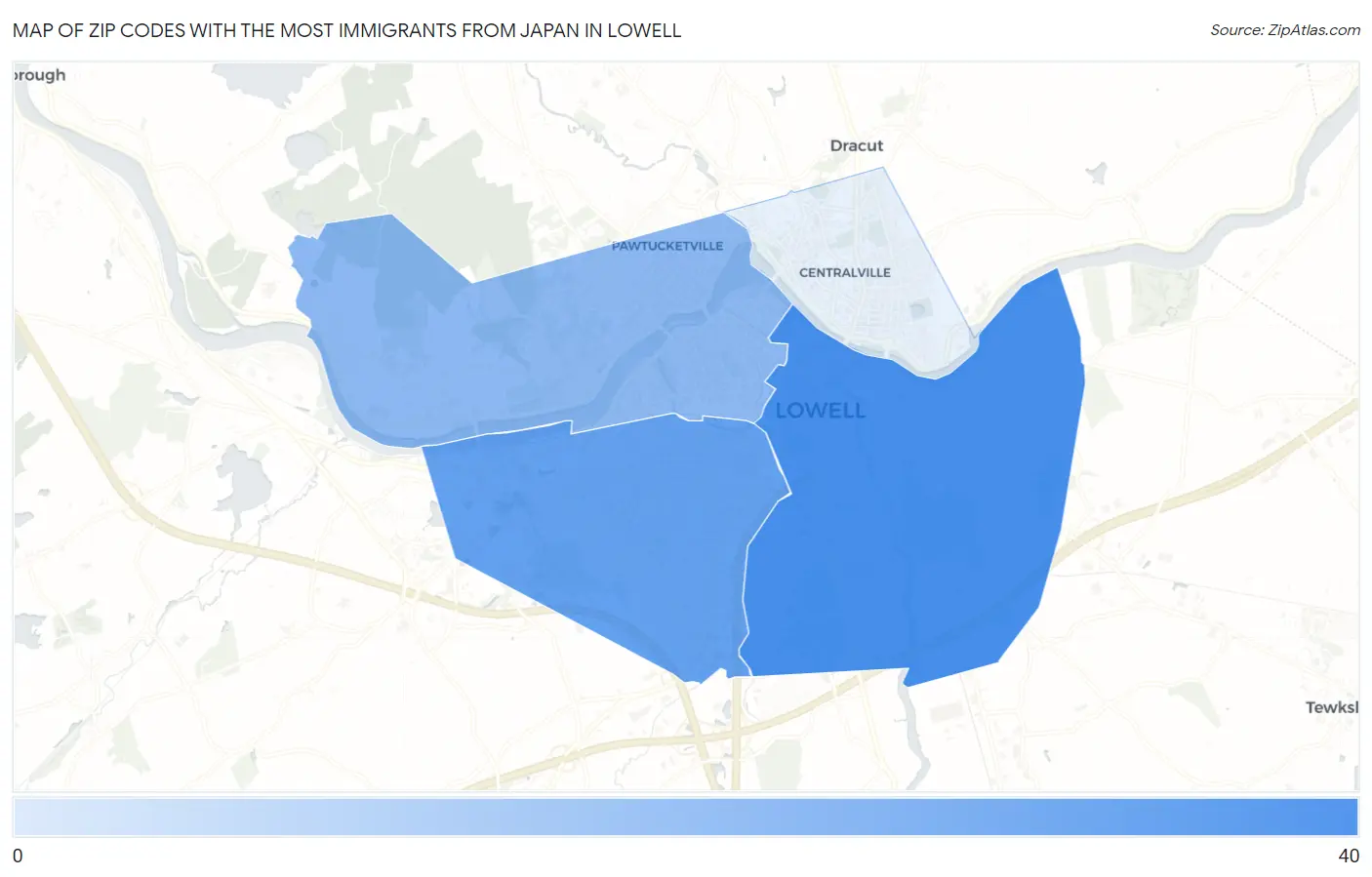 Zip Codes with the Most Immigrants from Japan in Lowell Map