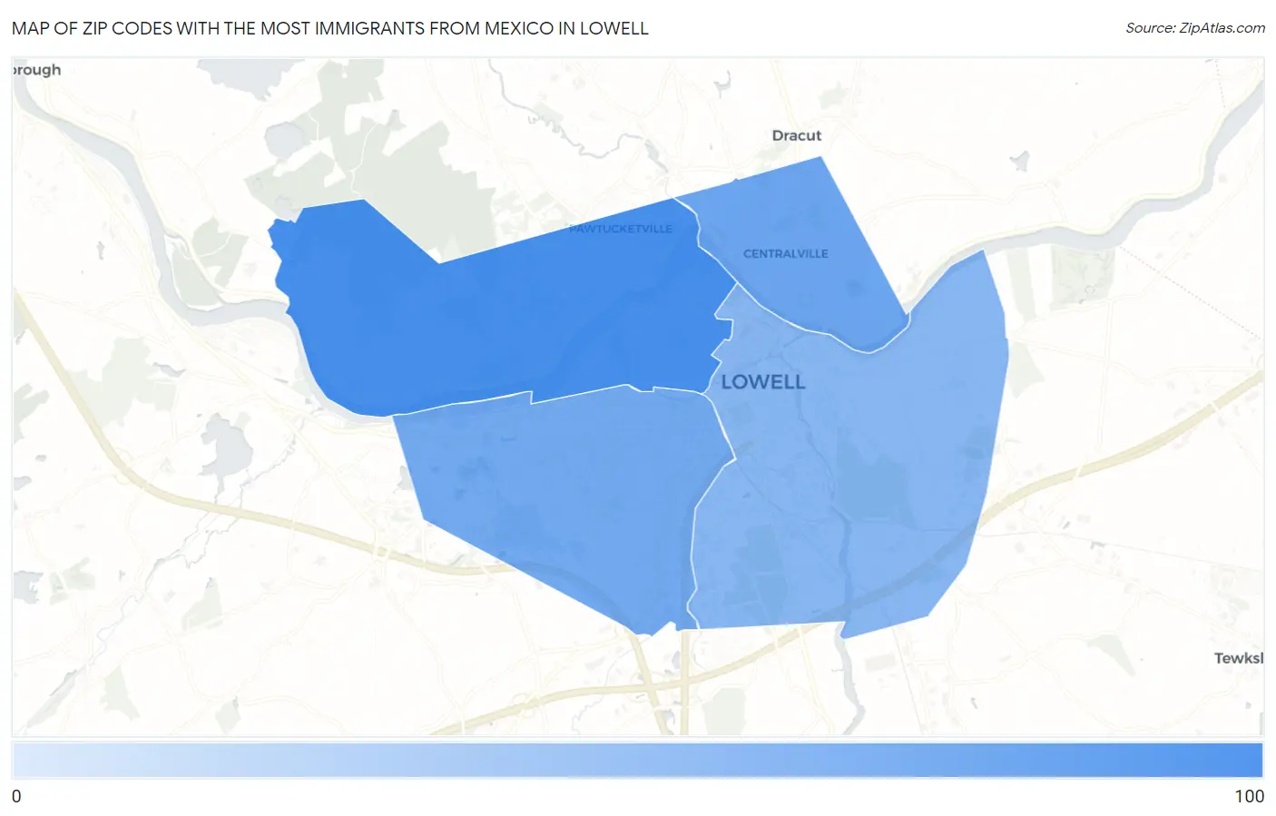 Zip Codes with the Most Immigrants from Mexico in Lowell Map