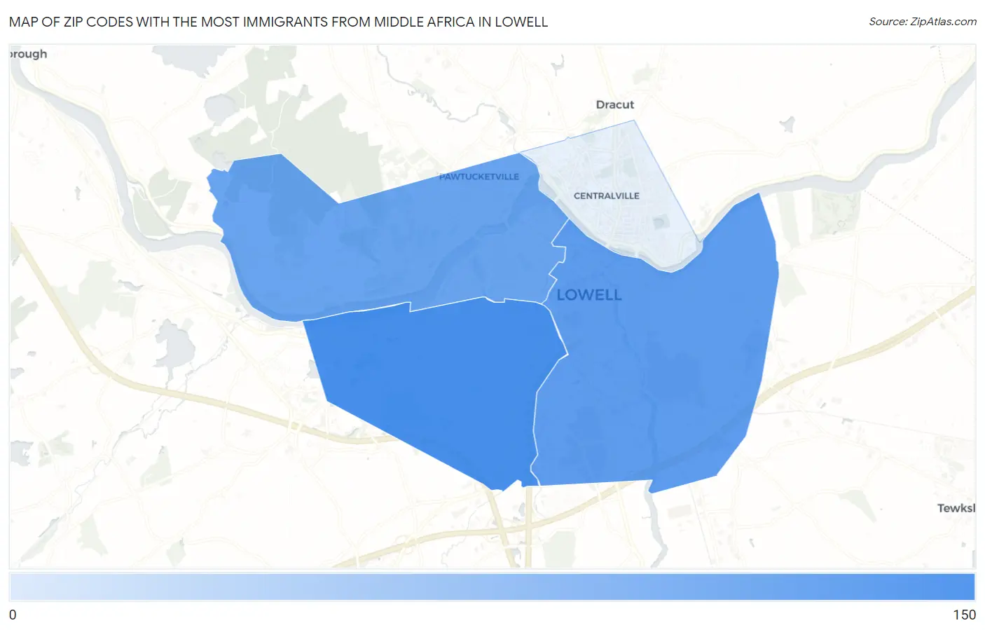 Zip Codes with the Most Immigrants from Middle Africa in Lowell Map