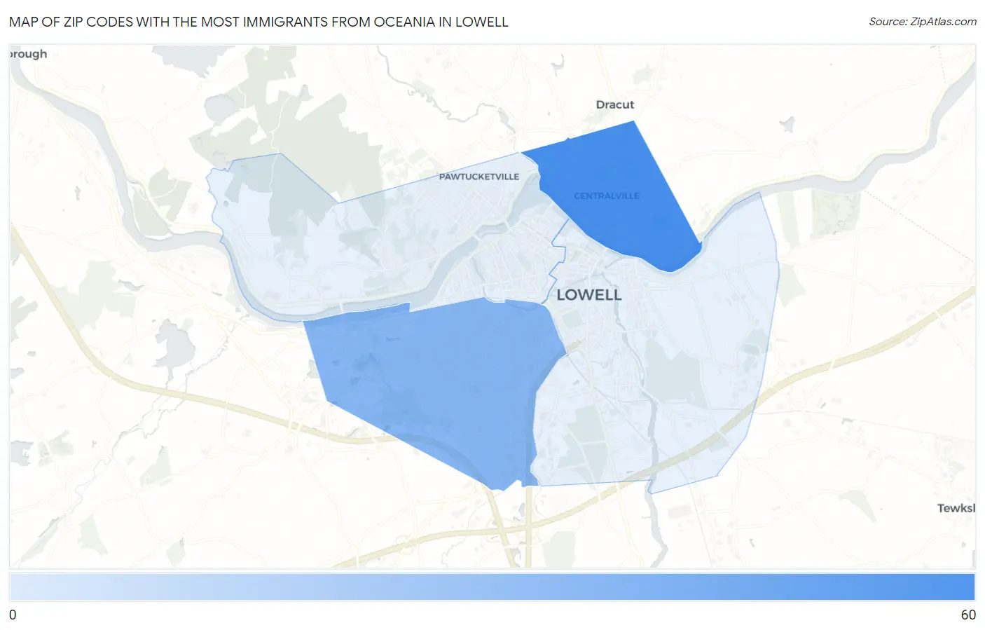 Zip Codes with the Most Immigrants from Oceania in Lowell Map
