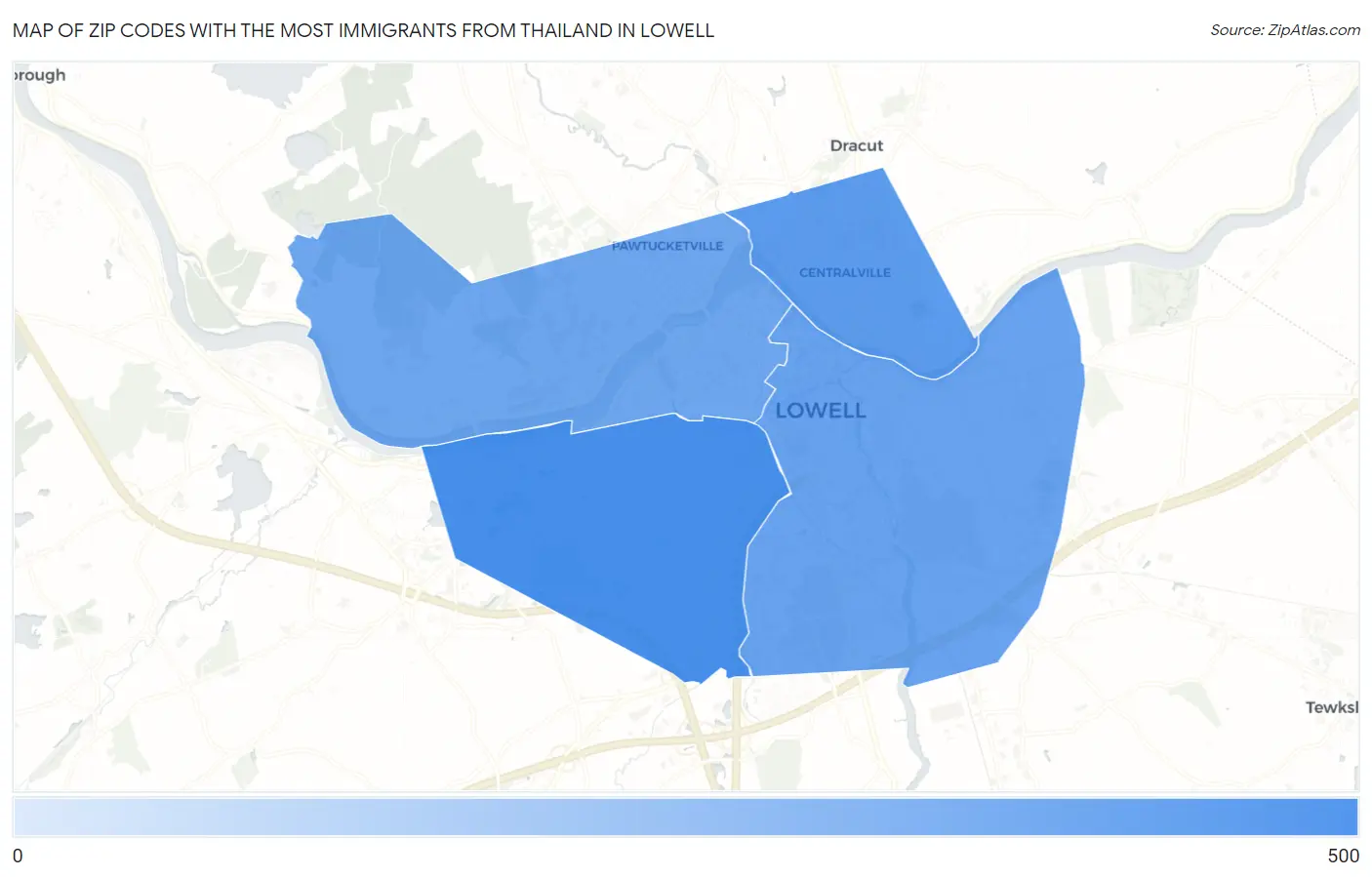 Zip Codes with the Most Immigrants from Thailand in Lowell Map