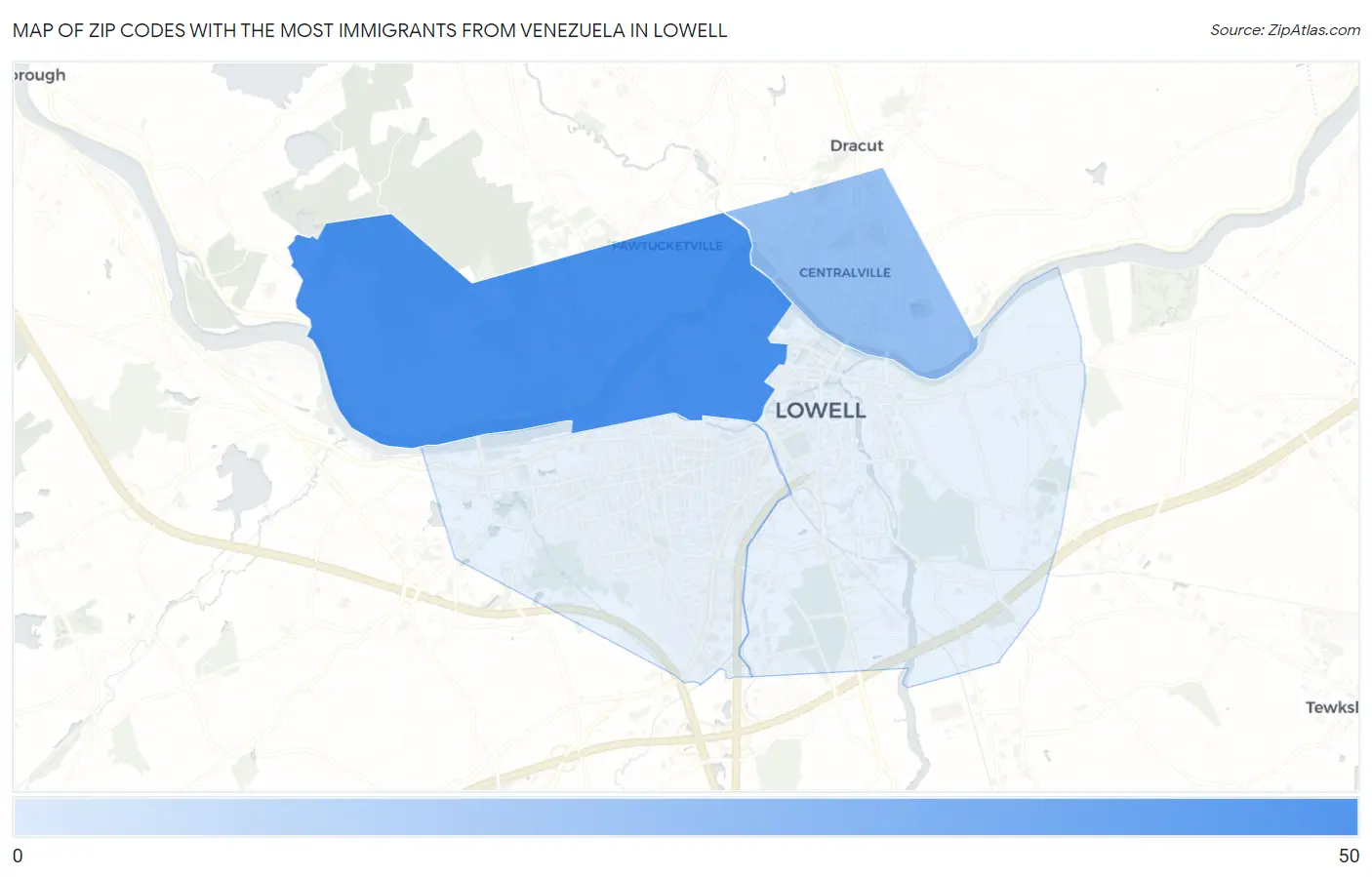 Zip Codes with the Most Immigrants from Venezuela in Lowell Map