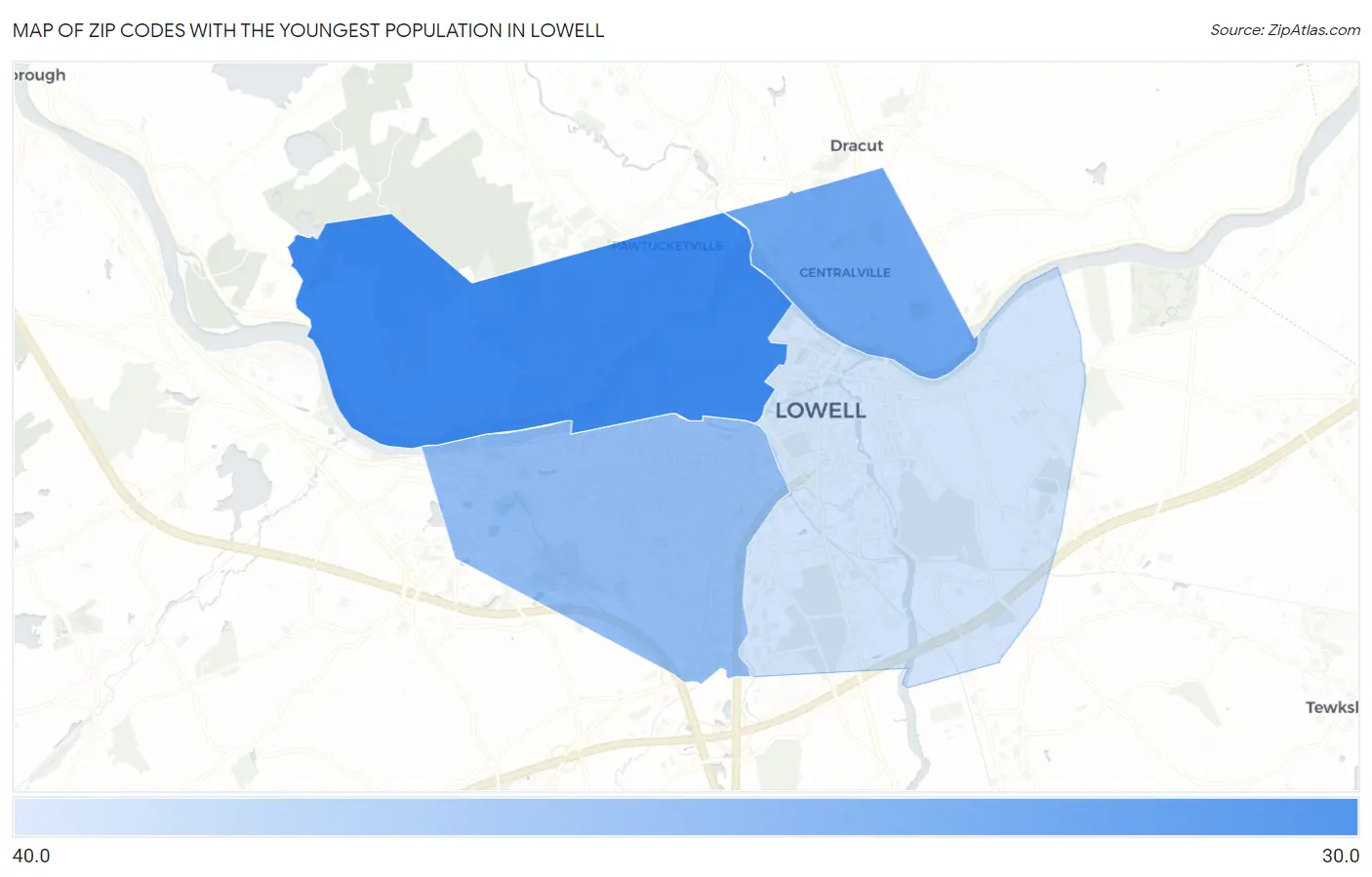 Zip Codes with the Youngest Population in Lowell Map