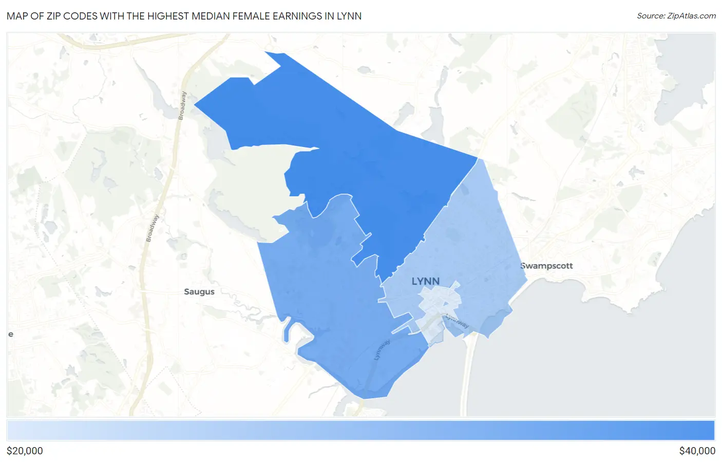 Zip Codes with the Highest Median Female Earnings in Lynn Map