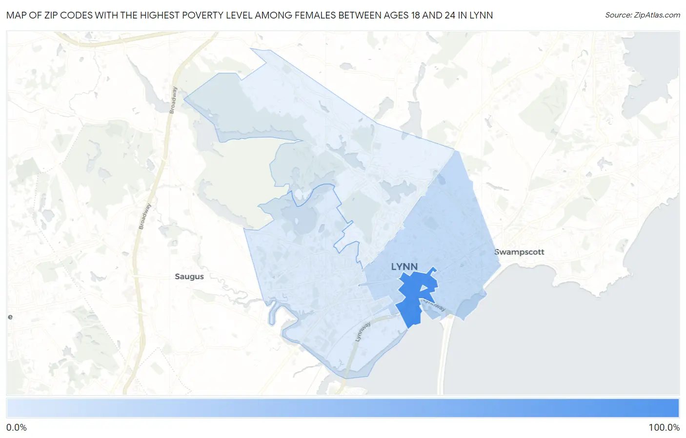 Zip Codes with the Highest Poverty Level Among Females Between Ages 18 and 24 in Lynn Map