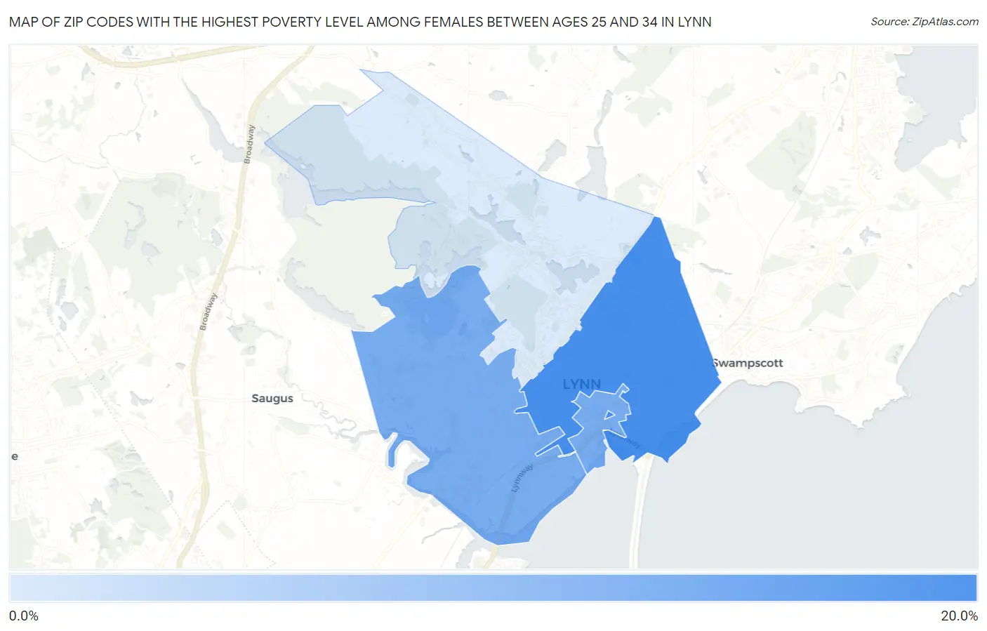 Zip Codes with the Highest Poverty Level Among Females Between Ages 25 and 34 in Lynn Map