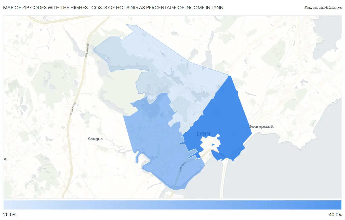 Zip Codes with the Highest Costs of Housing as Percentage of Income in Lynn Map