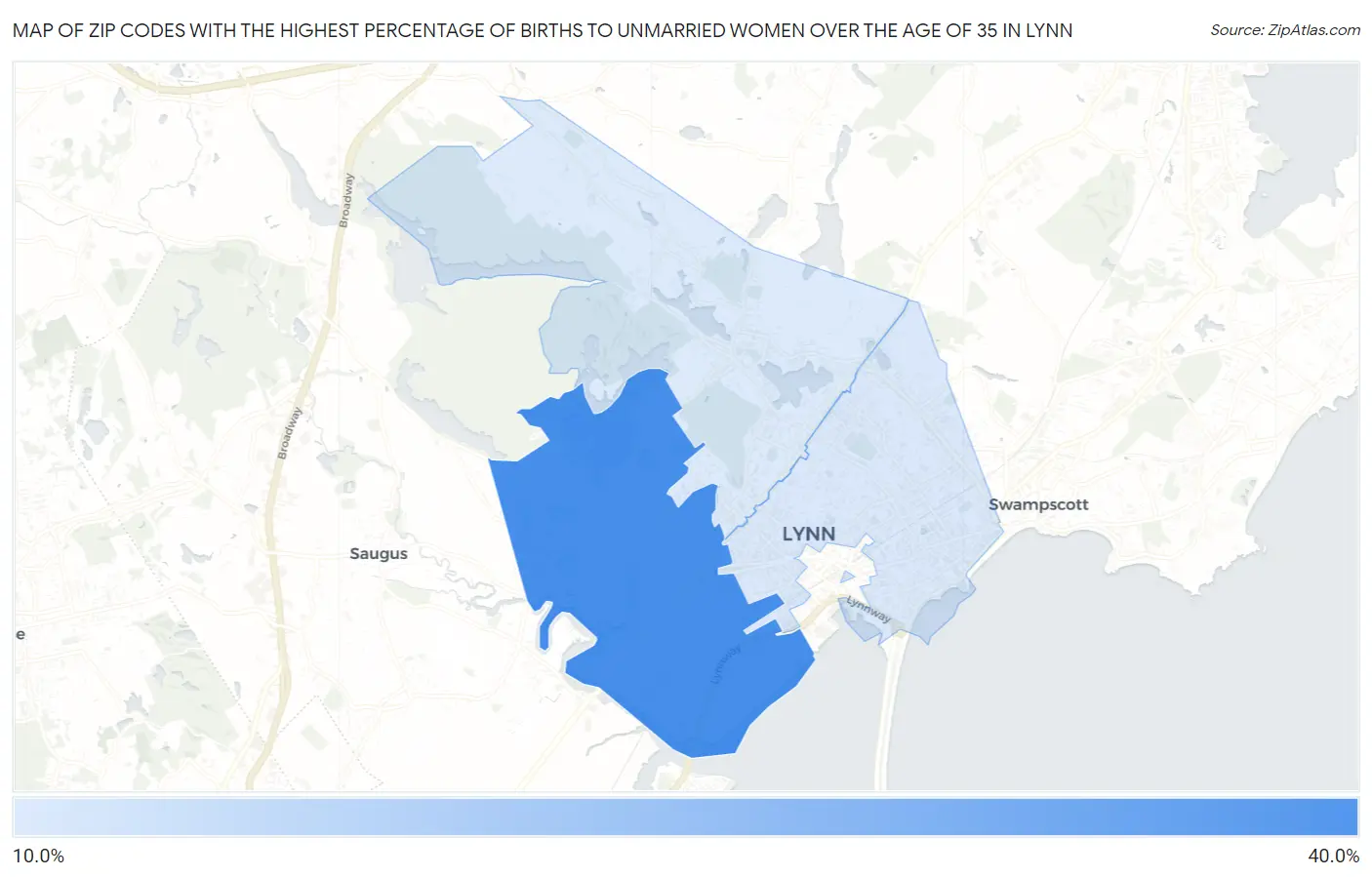 Zip Codes with the Highest Percentage of Births to Unmarried Women over the Age of 35 in Lynn Map