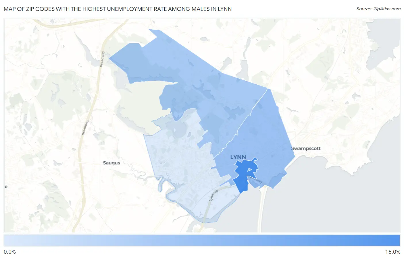 Zip Codes with the Highest Unemployment Rate Among Males in Lynn Map