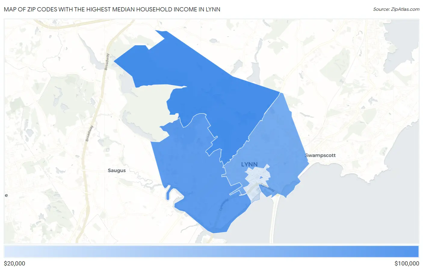 Zip Codes with the Highest Median Household Income in Lynn Map